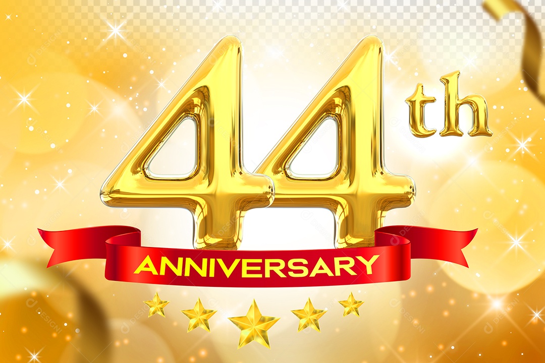 Número 44º Aniversário Elemento 3D Dourado para Composição PSD