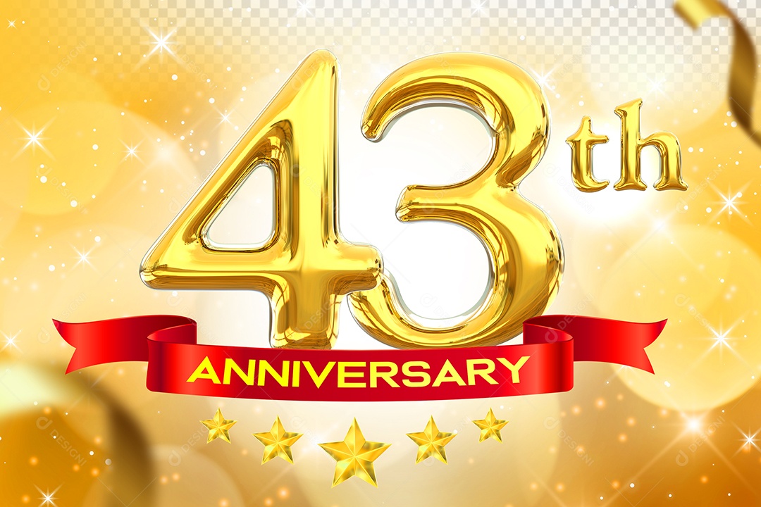 Número 43º Aniversário Elemento 3D Dourado para Composição PSD