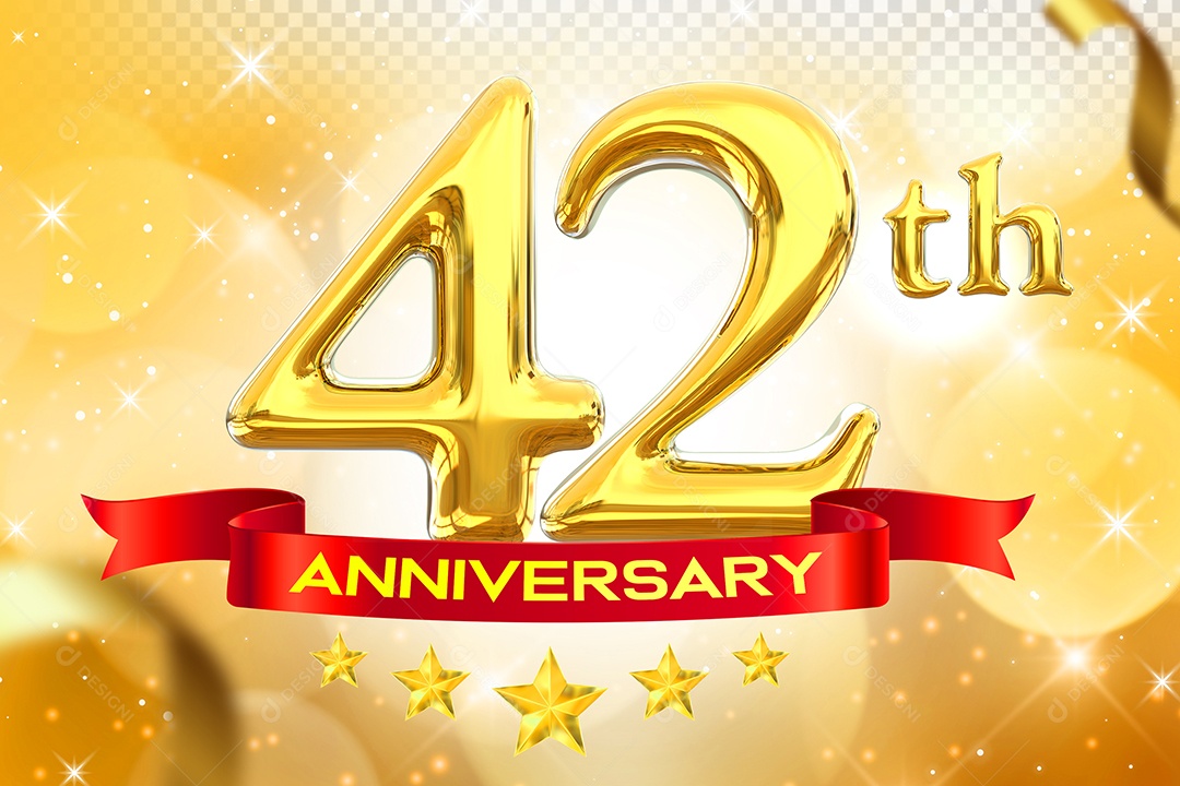 Número 42º Aniversário Elemento 3D Dourado para Composição PSD