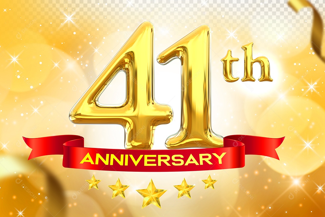Número 41º Aniversário Elemento 3D Dourado para Composição PSD