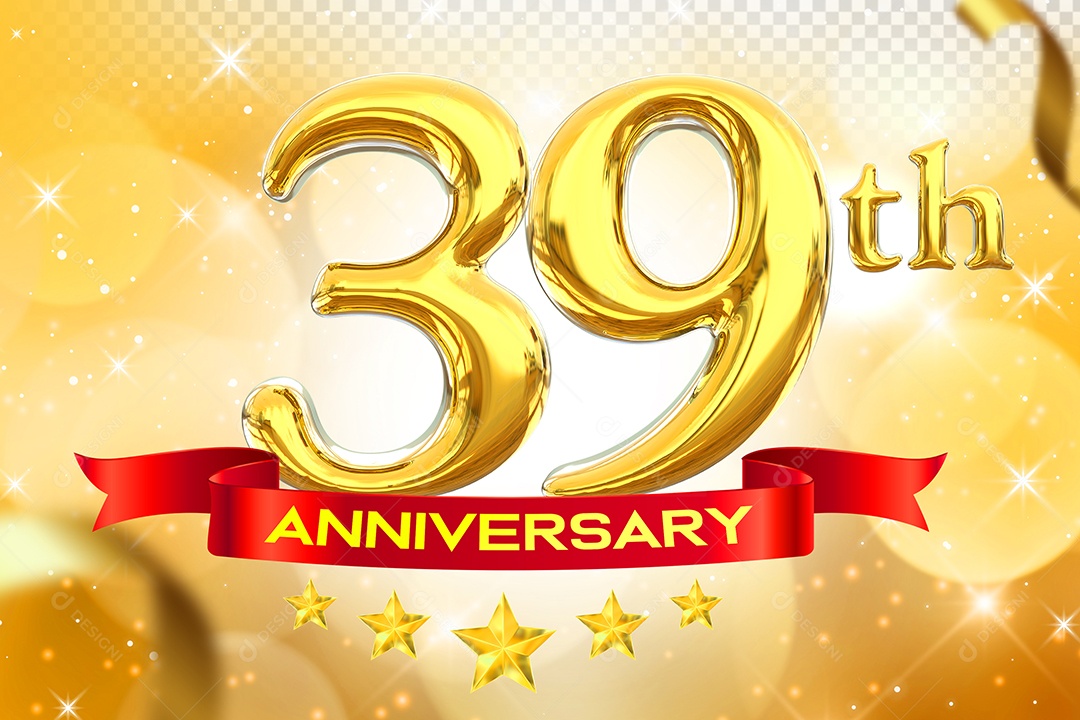 Número 39º Aniversário Elemento 3D Dourado para Composição PSD