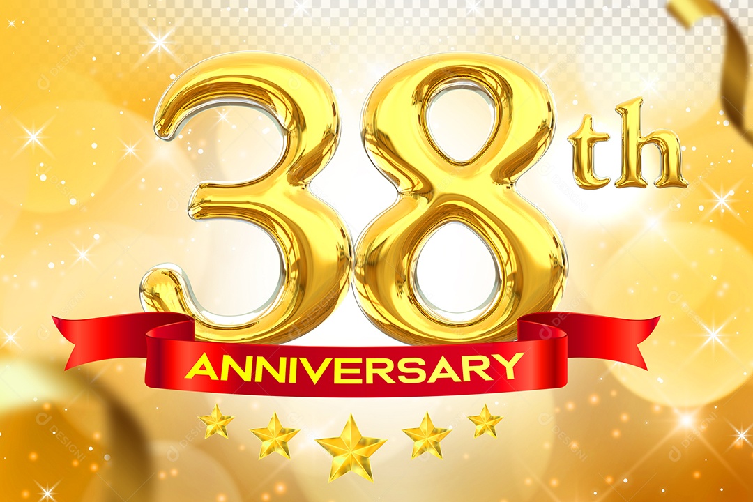 Número 38º Aniversário Elemento 3D Dourado para Composição PSD