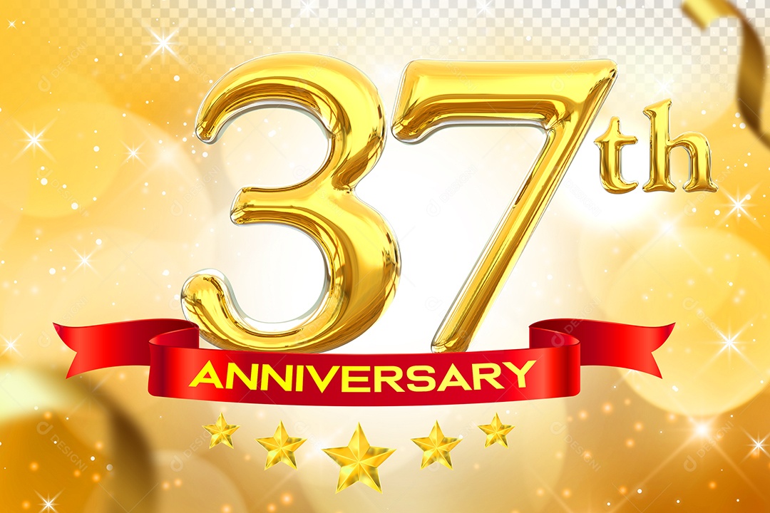 Número 37º Aniversário Elemento 3D Dourado para Composição PSD
