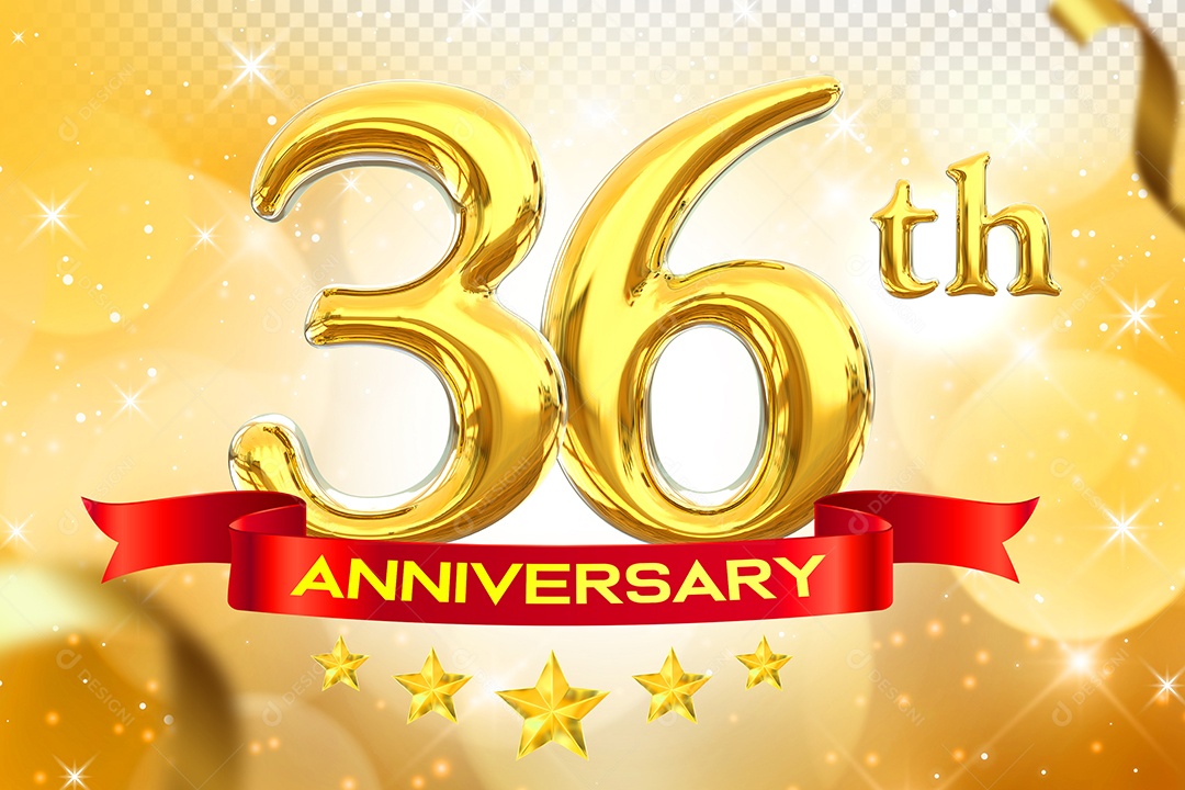 Número 36º Aniversário Elemento 3D Dourado para Composição PSD