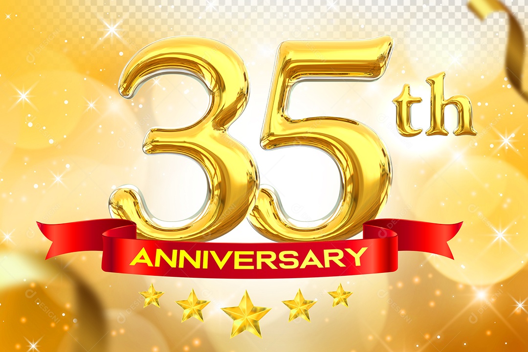 Número 35º Aniversário Elemento 3D Dourado para Composição PSD