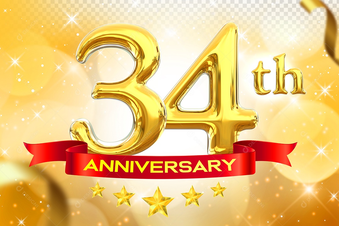 Número 34º Aniversário Elemento 3D Dourado para Composição PSD