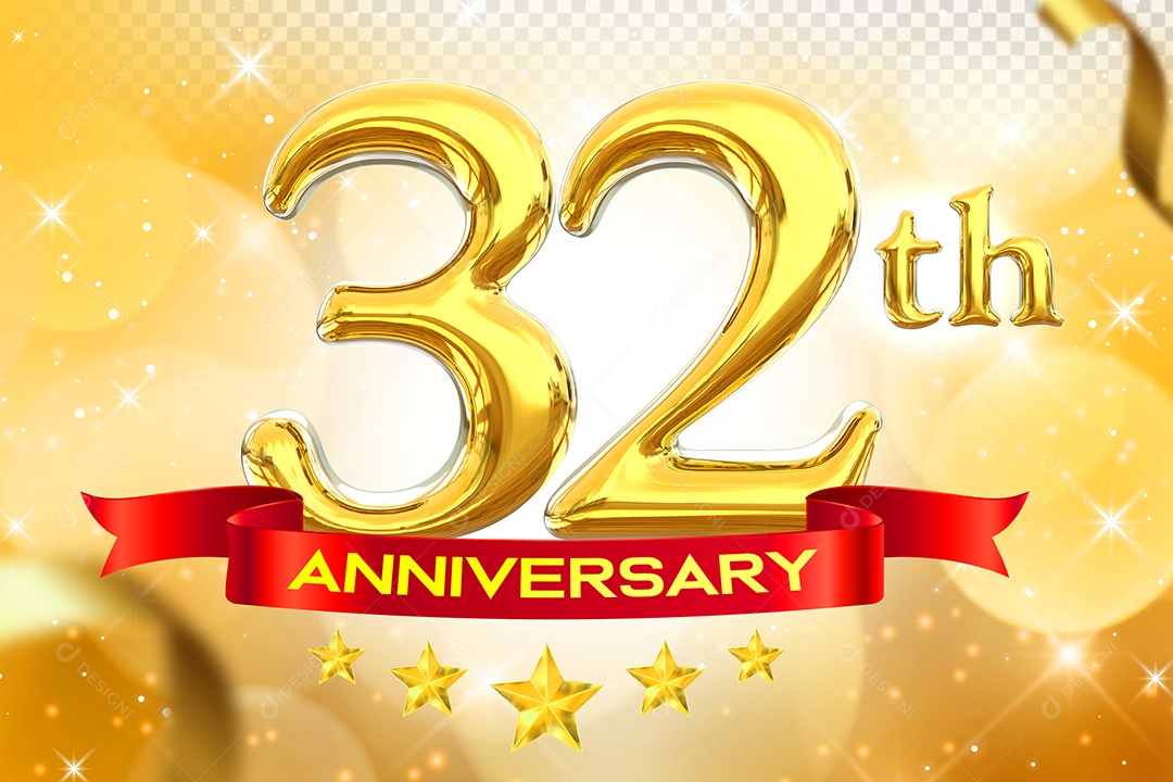Número 32º Aniversário Elemento 3D Dourado para Composição PSD