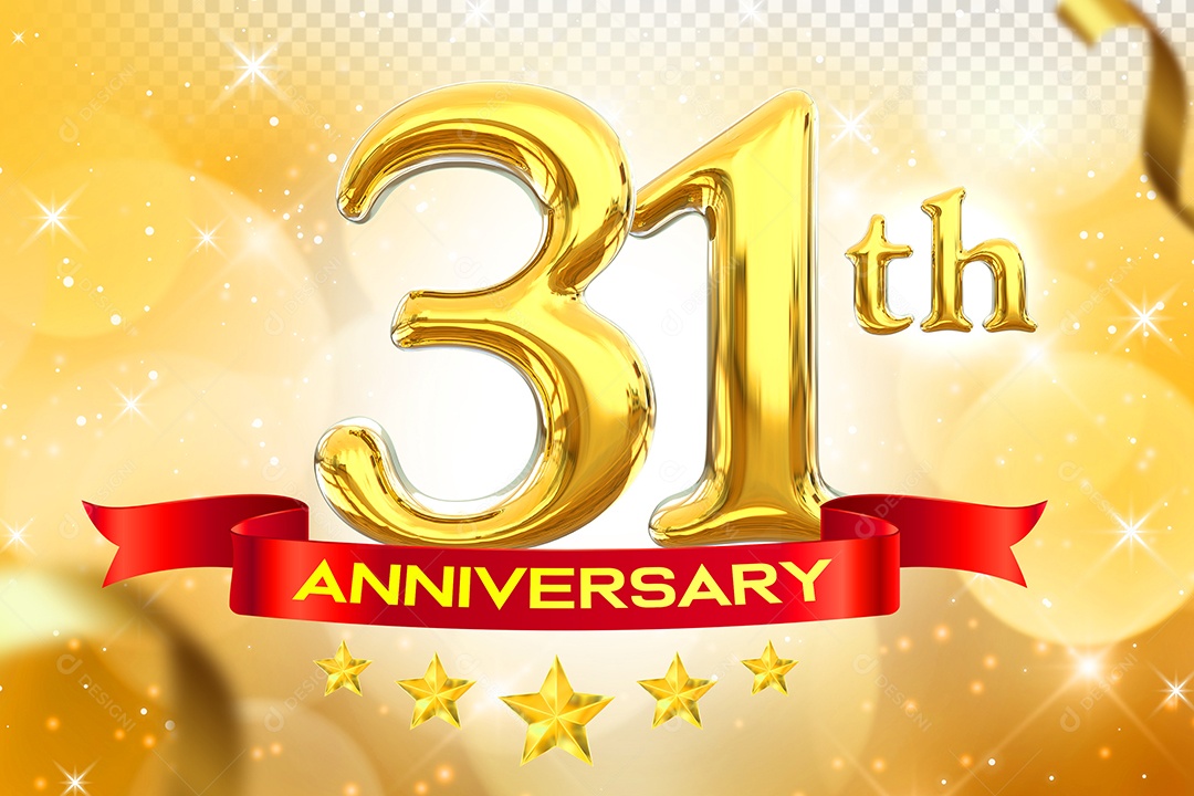 Número 31º Aniversário Elemento 3D Dourado para Composição PSD
