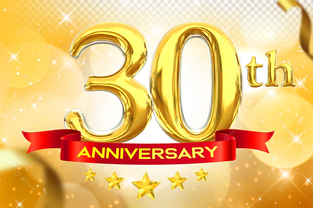 Número 30º Aniversário Elemento 3D Dourado para Composição PSD