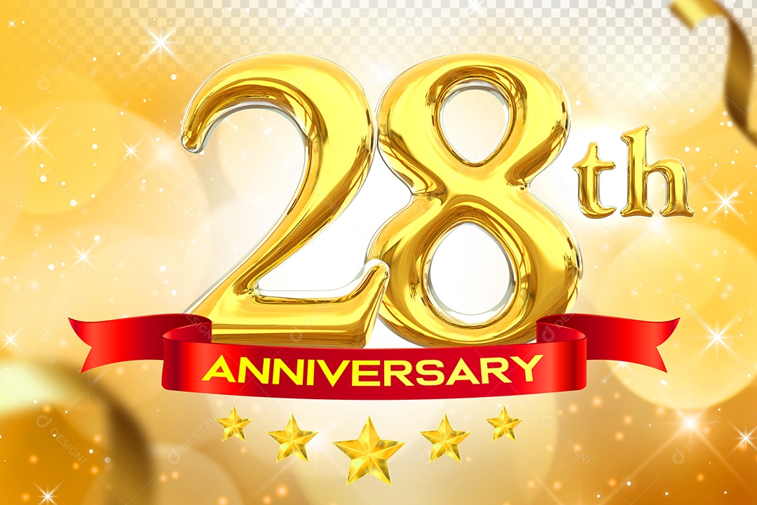Número 28º Aniversário Elemento 3D Dourado para Composição PSD