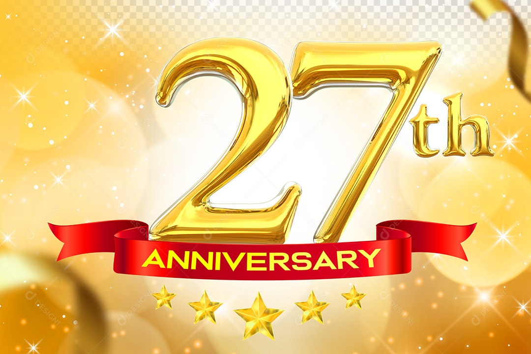 Número 27º Aniversário Elemento 3D Dourado para Composição PSD