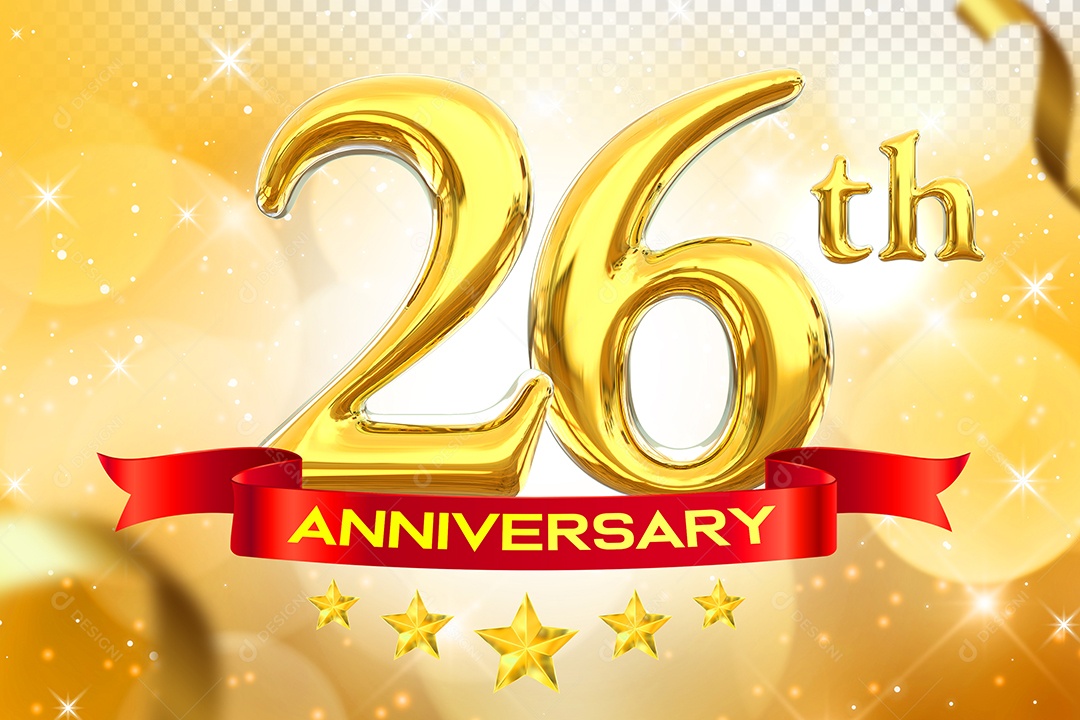 Número 26º Aniversário Elemento 3D Dourado para Composição PSD