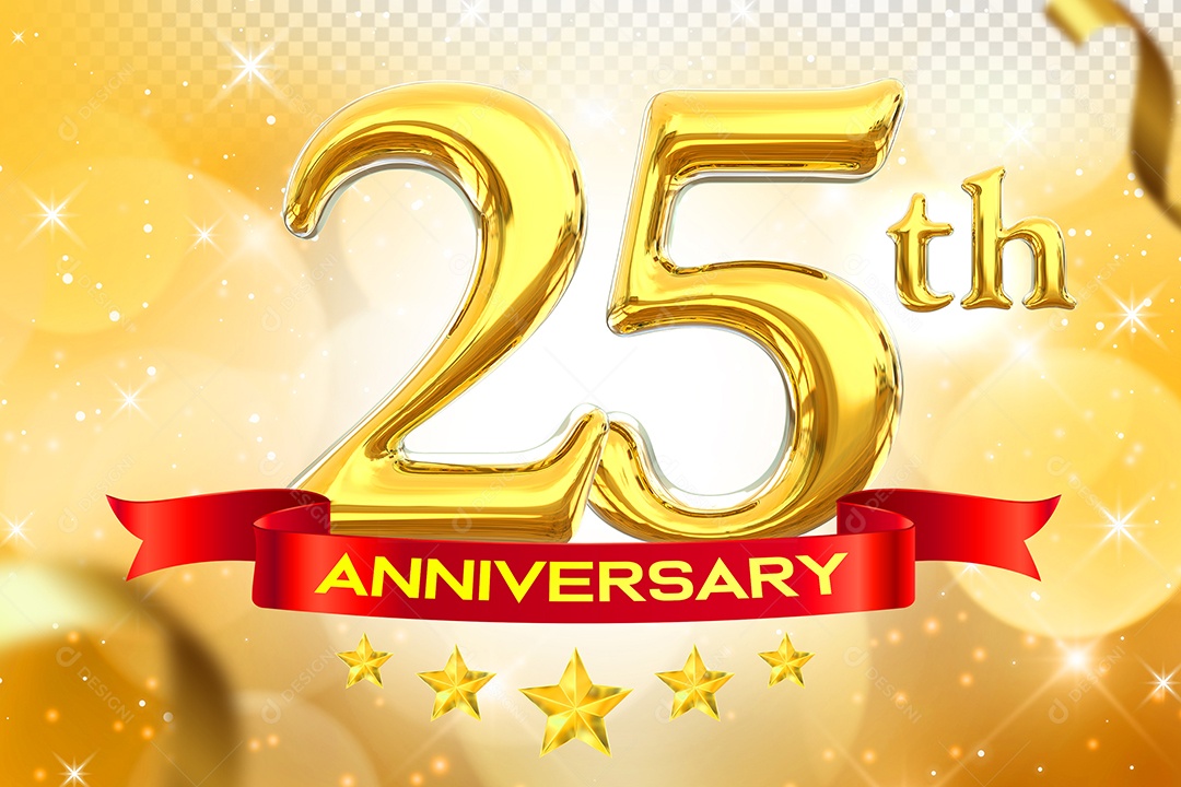 Número 25º Aniversário Elemento 3D Dourado para Composição PSD