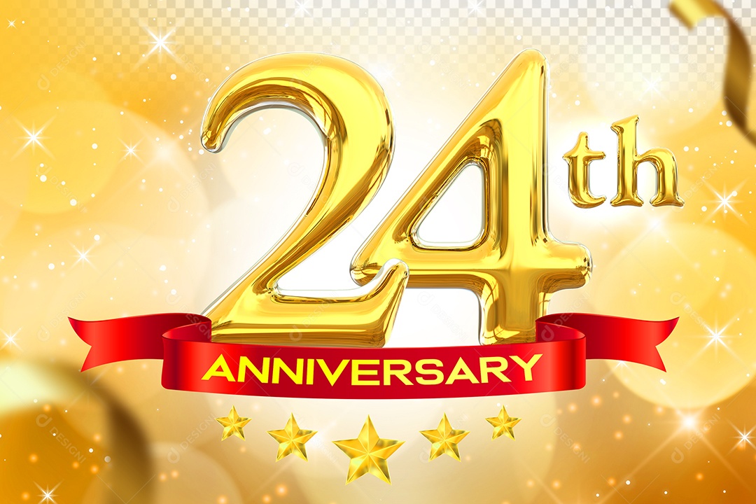 Número 24º Aniversário Elemento 3D Dourado para Composição PSD