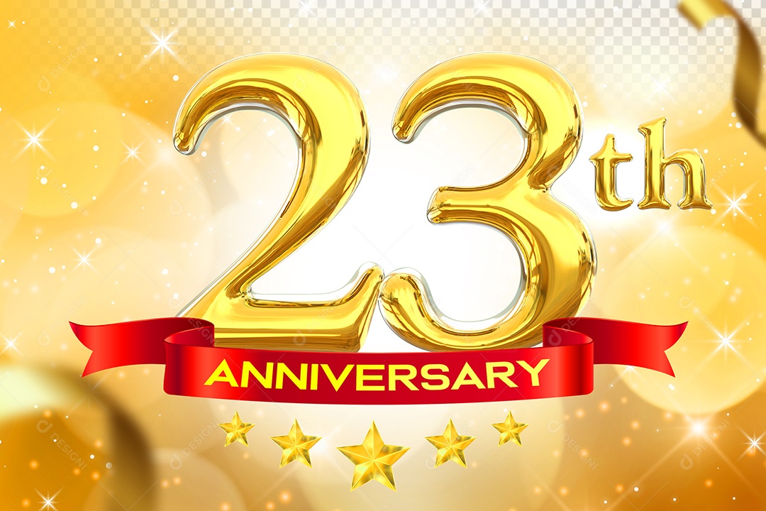 Número 23º Aniversário Elemento 3D Dourado para Composição PSD