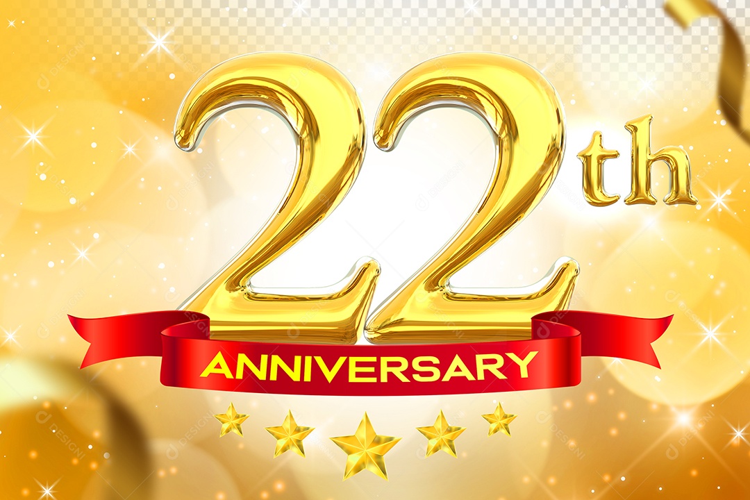 Número 22º Aniversário Elemento 3D Dourado para Composição PSD