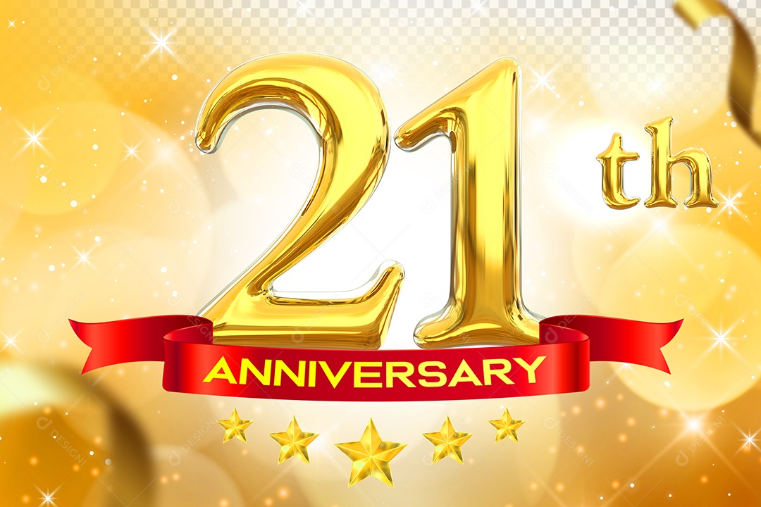 Número 21º Aniversário Elemento 3D Dourado para Composição PSD