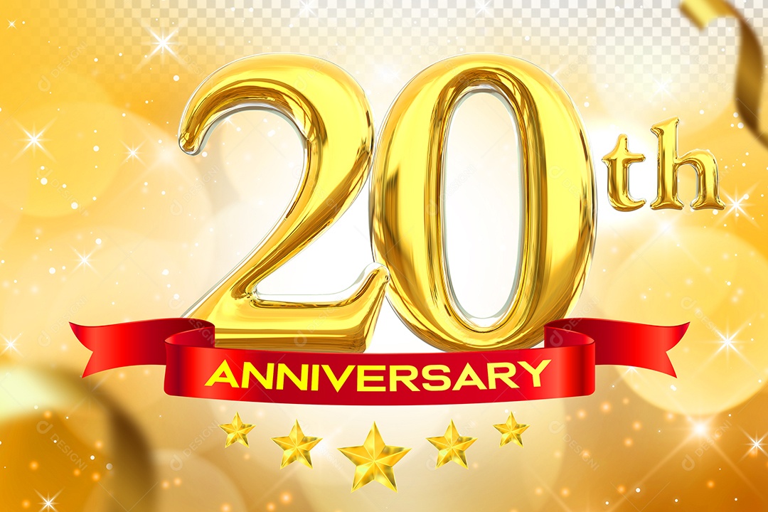 Número 20º Aniversário Elemento 3D Dourado para Composição PSD