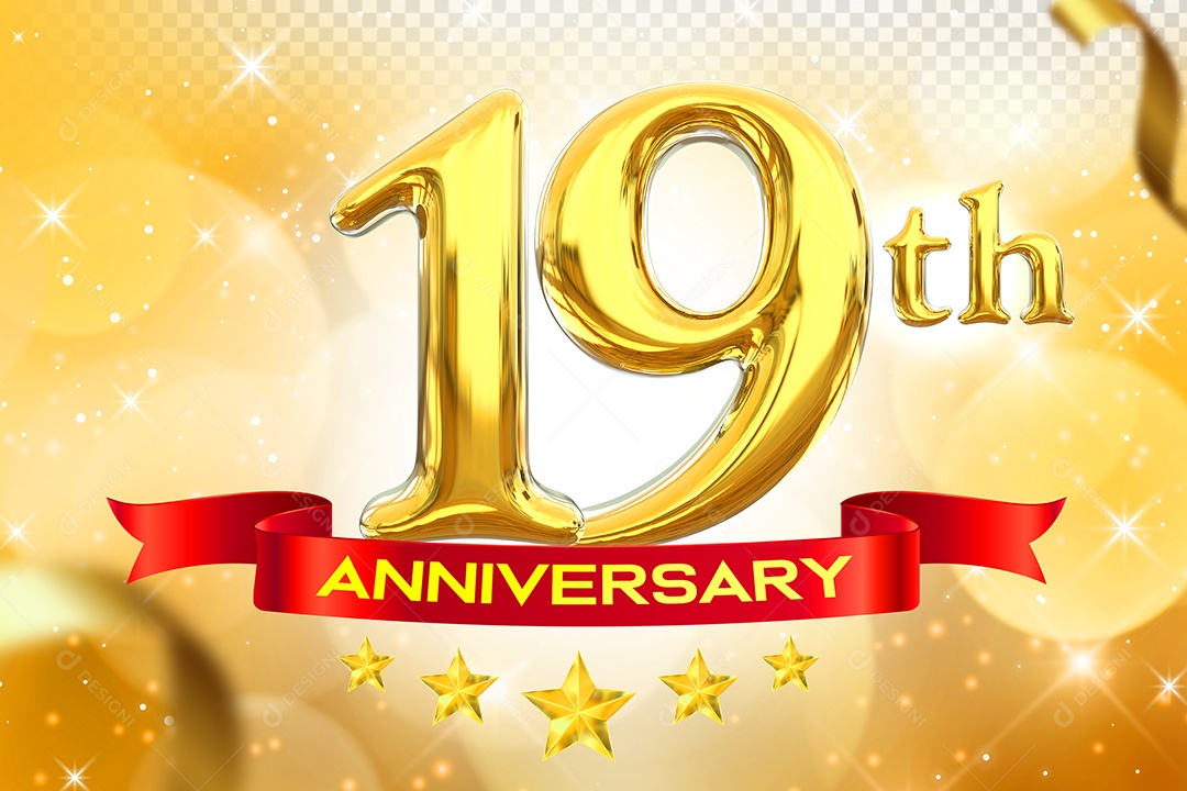 Número 19º Aniversário Elemento 3D Dourado para Composição PSD