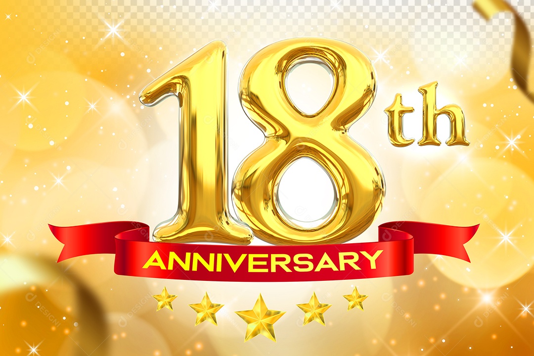 Número 18º Aniversário Elemento 3D Dourado para Composição PSD