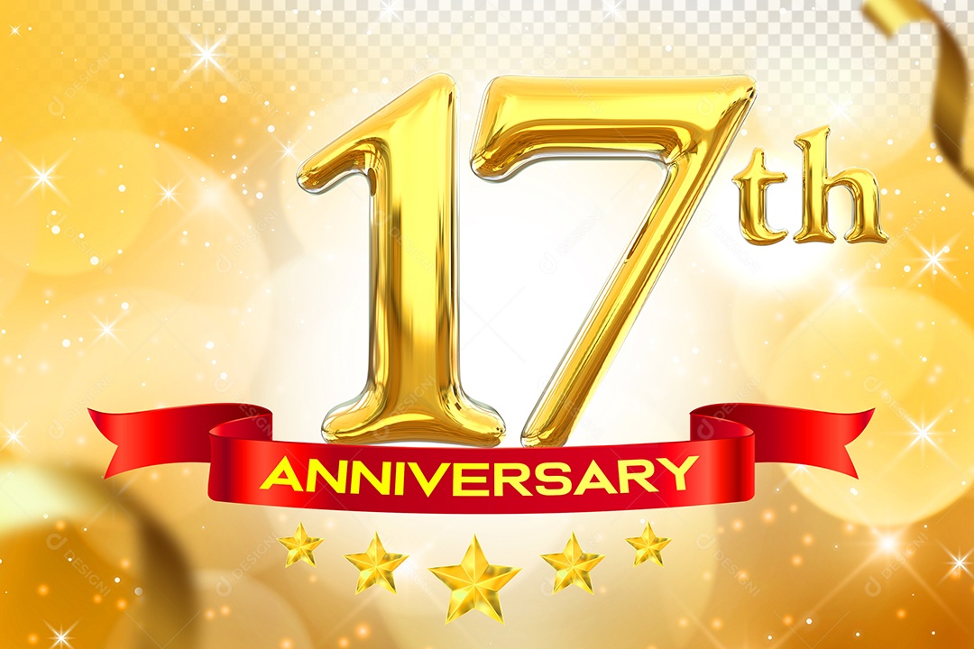 Número 17º Aniversário Elemento 3D Dourado para Composição PSD