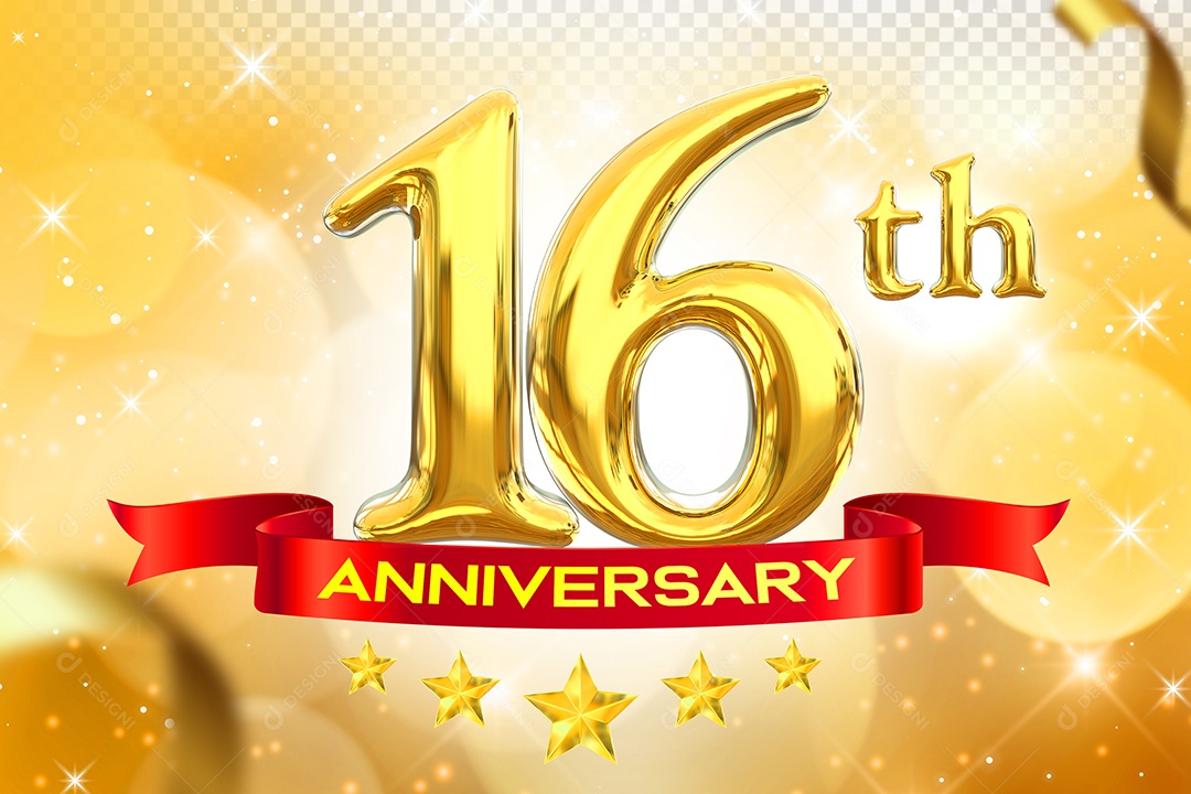 Número 16º Aniversário Elemento 3D Dourado para Composição PSD