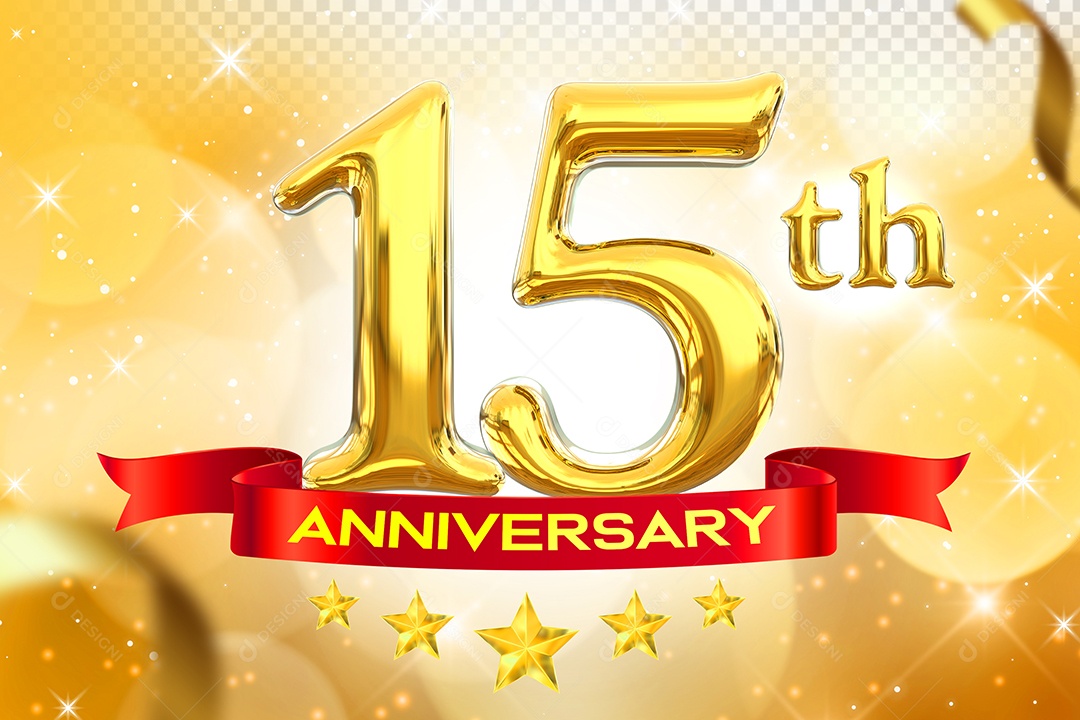 Número 15º Aniversário Elemento 3D Dourado para Composição PSD