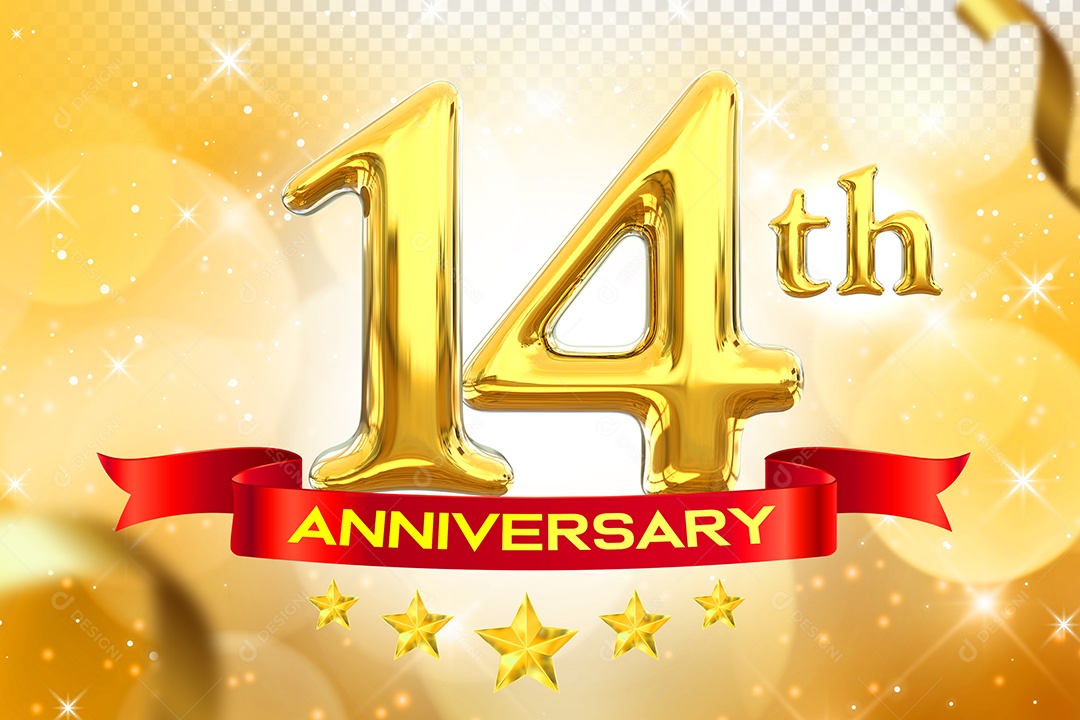 Número 14º Aniversário Elemento 3D Dourado para Composição PSD