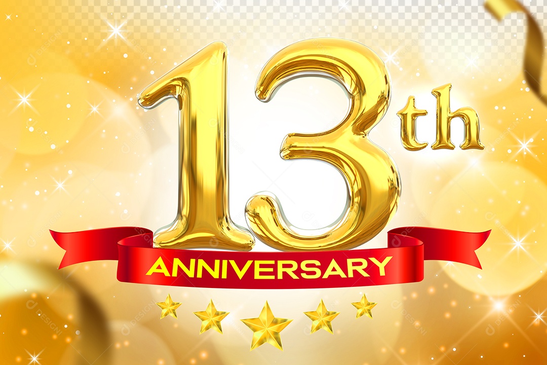 Número 13º Aniversário Elemento 3D Dourado para Composição PSD