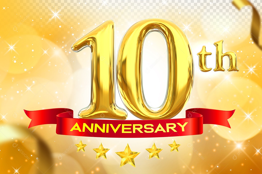 Número 10º Aniversário Elemento 3D Dourado para Composição PSD