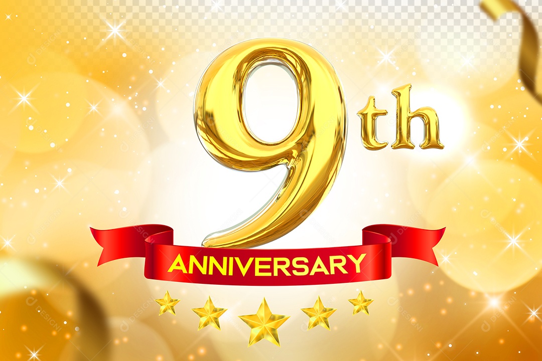 Número 9º Aniversário Elemento 3D Dourado para Composição PSD