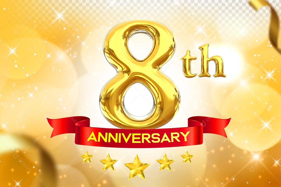 Número 8º Aniversário Elemento 3D Dourado para Composição PSD