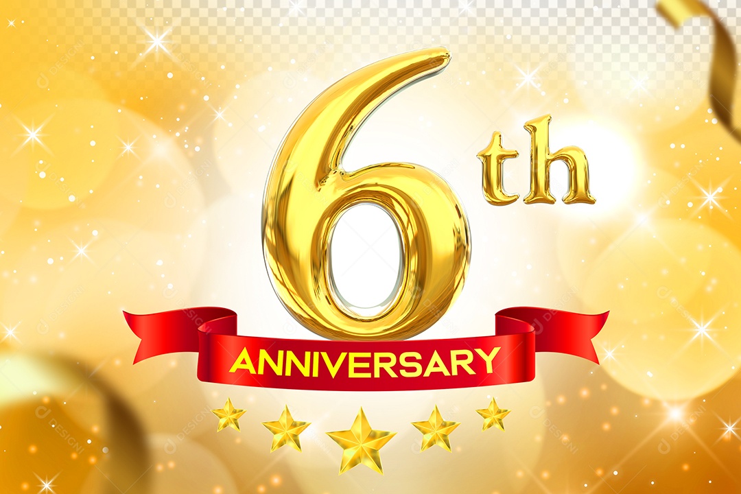Número 6º Aniversário Elemento 3D Dourado para Composição PSD