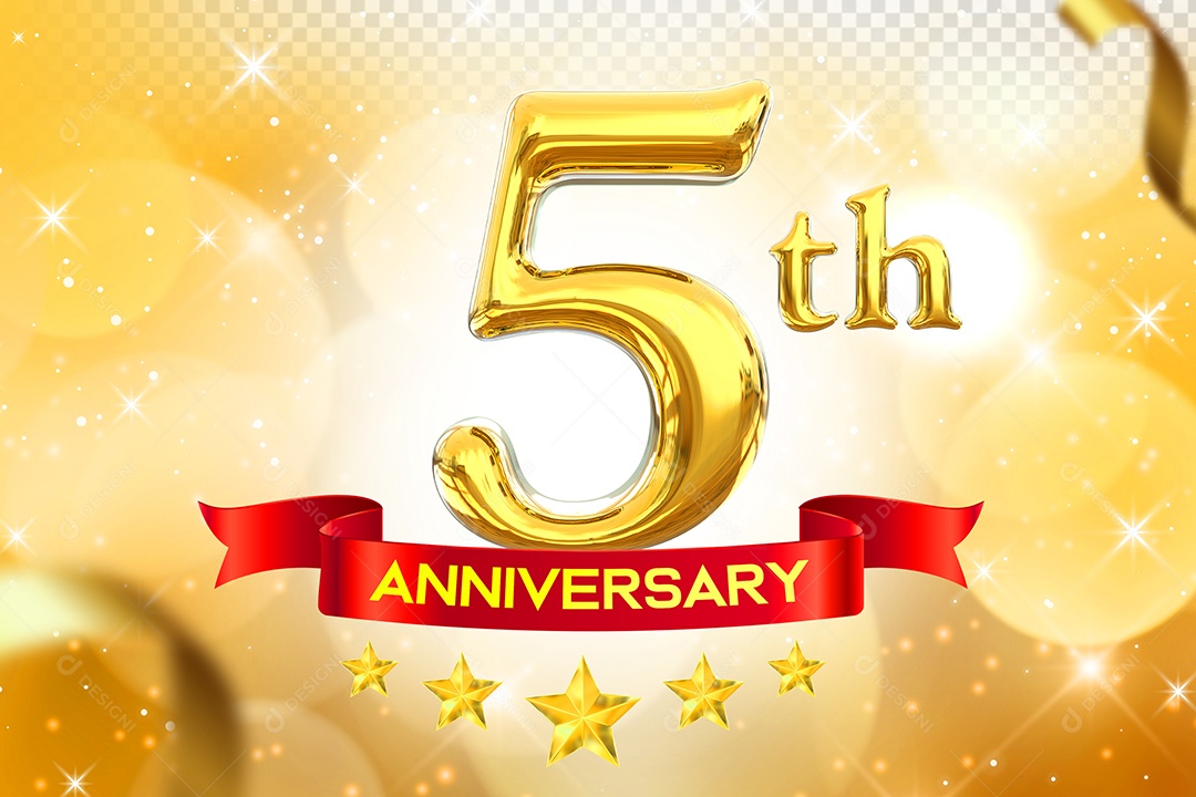 Número 5º Aniversário Elemento 3D Dourado para Composição PSD