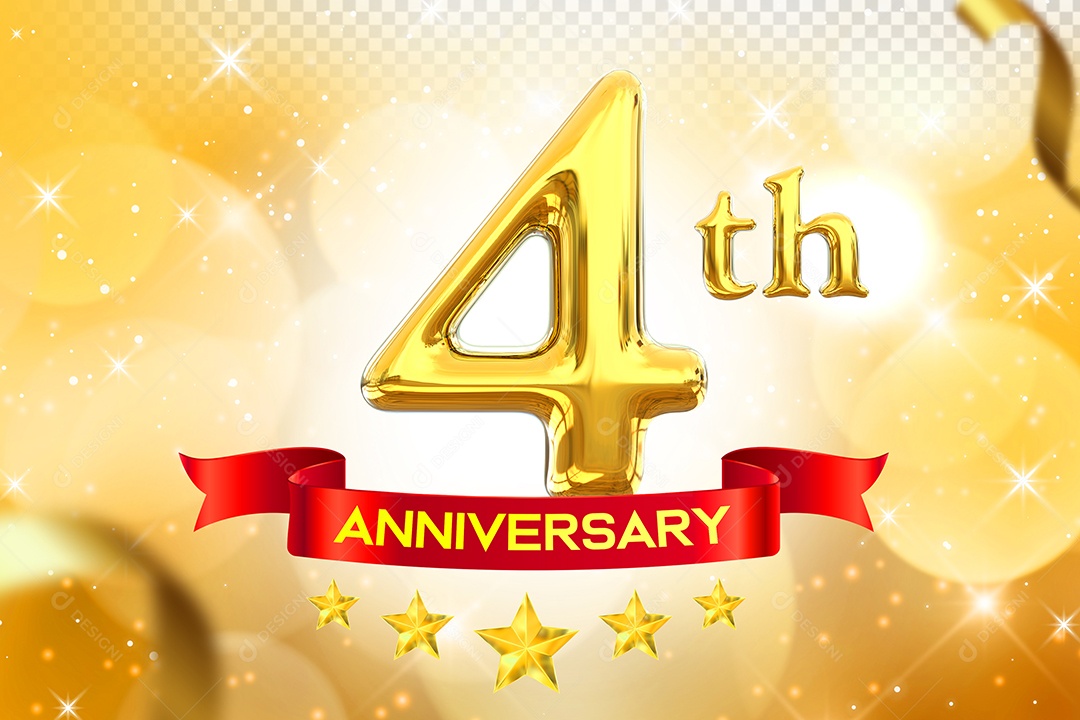 Número 4º Aniversário Elemento 3D Dourado para Composição PSD