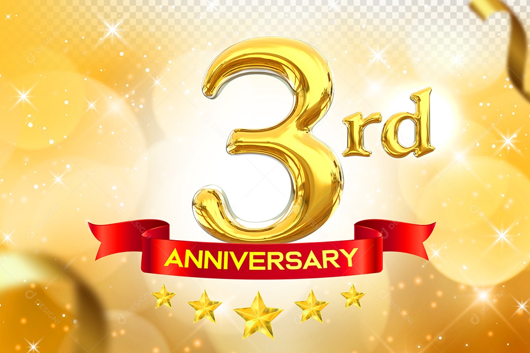 Número 3º Aniversário Elemento 3D Dourado para Composição PSD