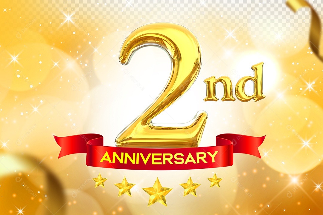 Número 2º Aniversário Elemento 3D Dourado para Composição PSD