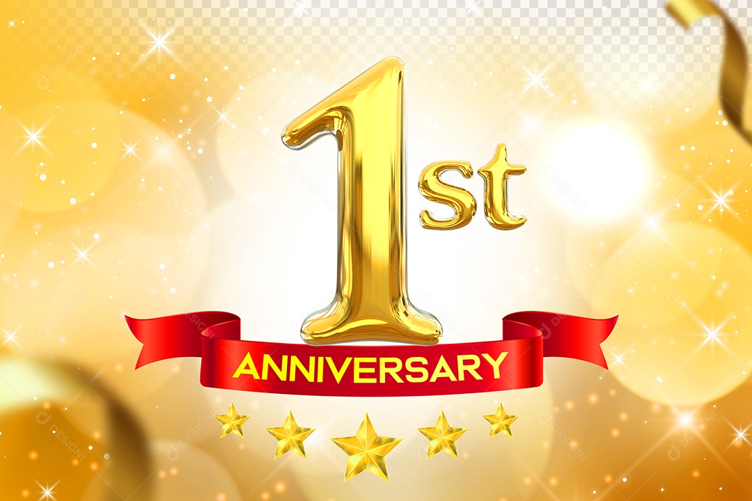 Número 1º Aniversário Elemento 3D Dourado para Composição PSD
