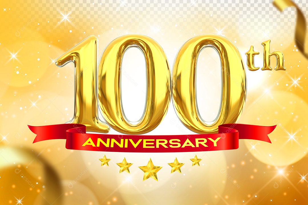 Número 100º Aniversário Elemento 3D Dourado para Composição PSD