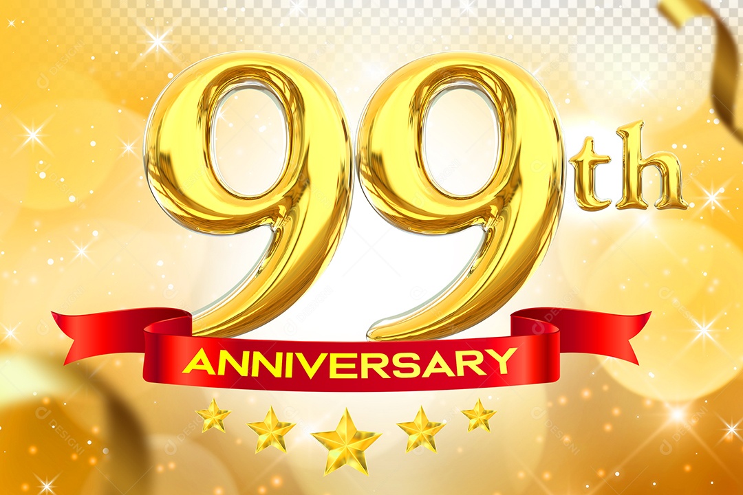 Número 99º Aniversário Elemento 3D Dourado para Composição PSD
