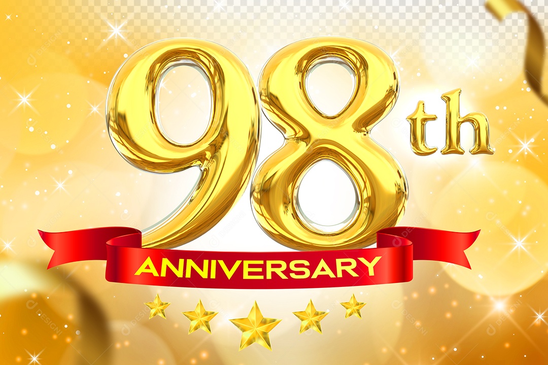Número 98º Aniversário Elemento 3D Dourado para Composição PSD