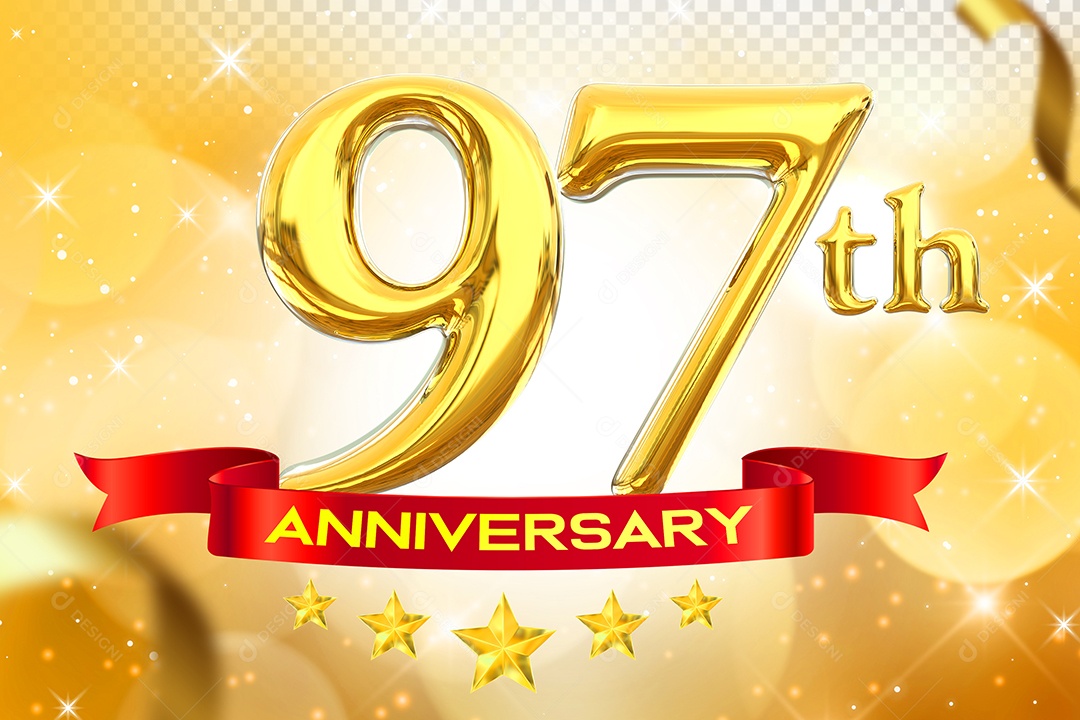 Número 97º Aniversário Elemento 3D Dourado para Composição PSD