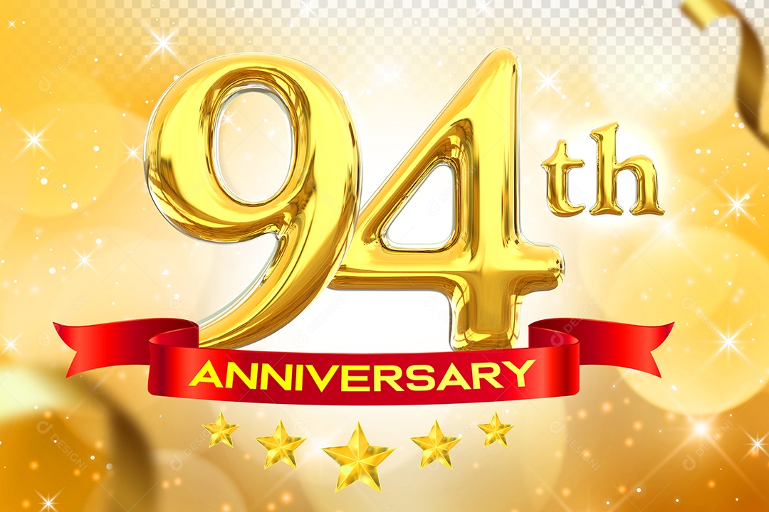 Número 94º Aniversário Elemento 3D Dourado para Composição PSD