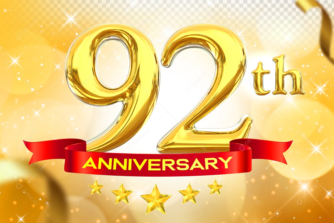Número 92º Aniversário Elemento 3D Dourado para Composição PSD