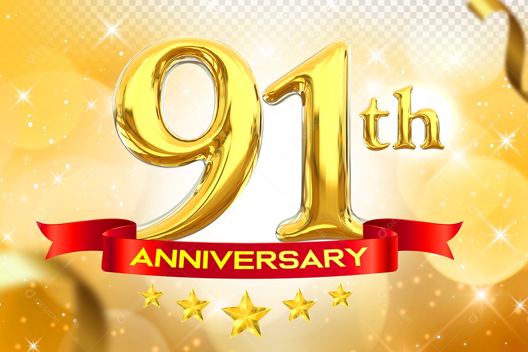 Número 91º Aniversário Elemento 3D Dourado para Composição PSD