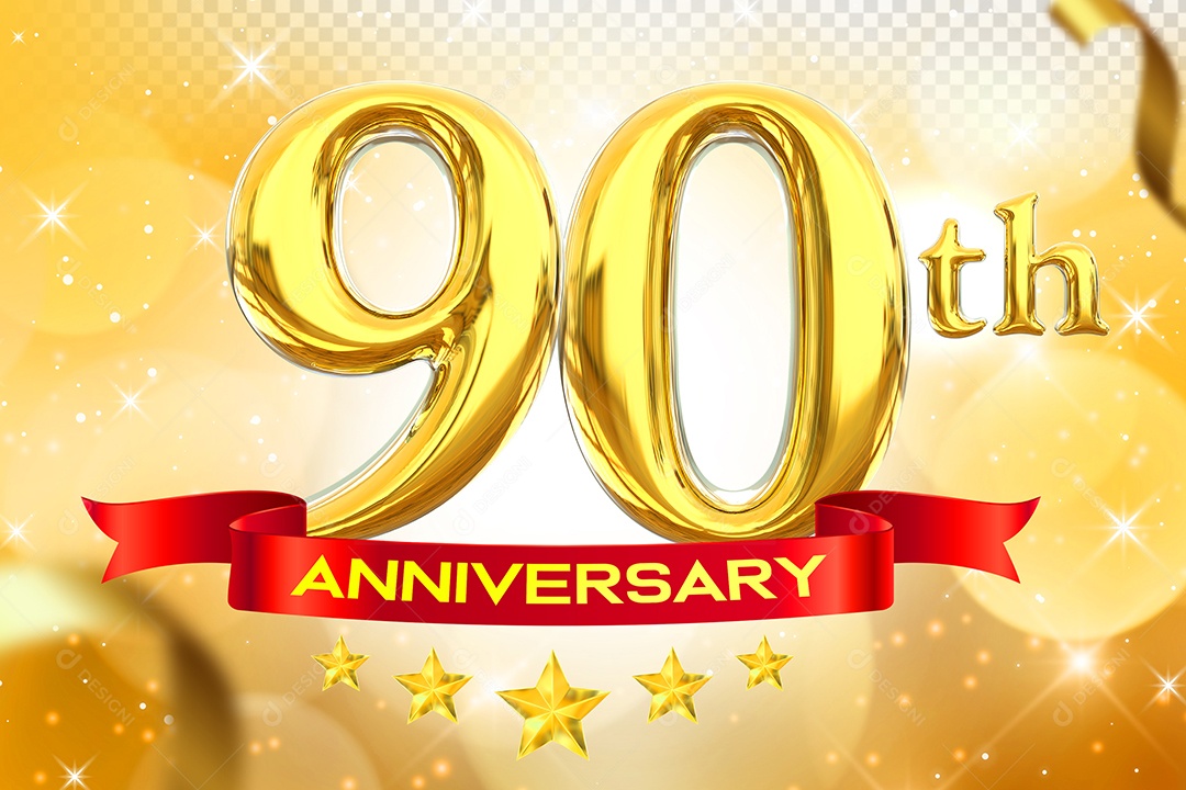 Número 90º Aniversário Elemento 3D Dourado para Composição PSD