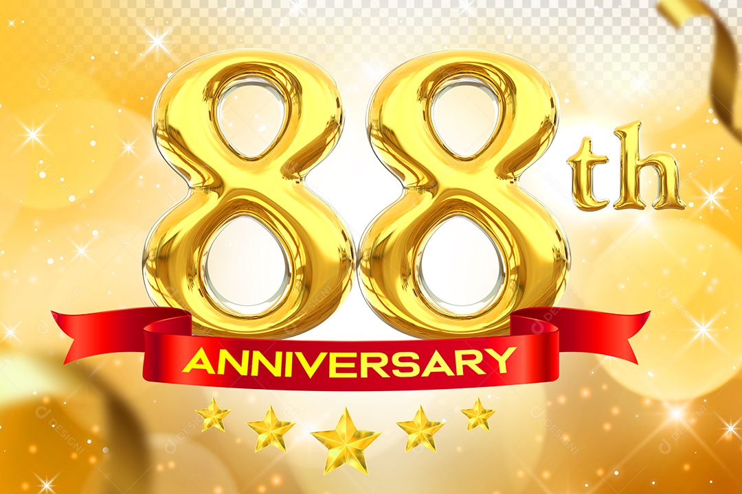 Número 88º Aniversário Elemento 3D Dourado para Composição PSD
