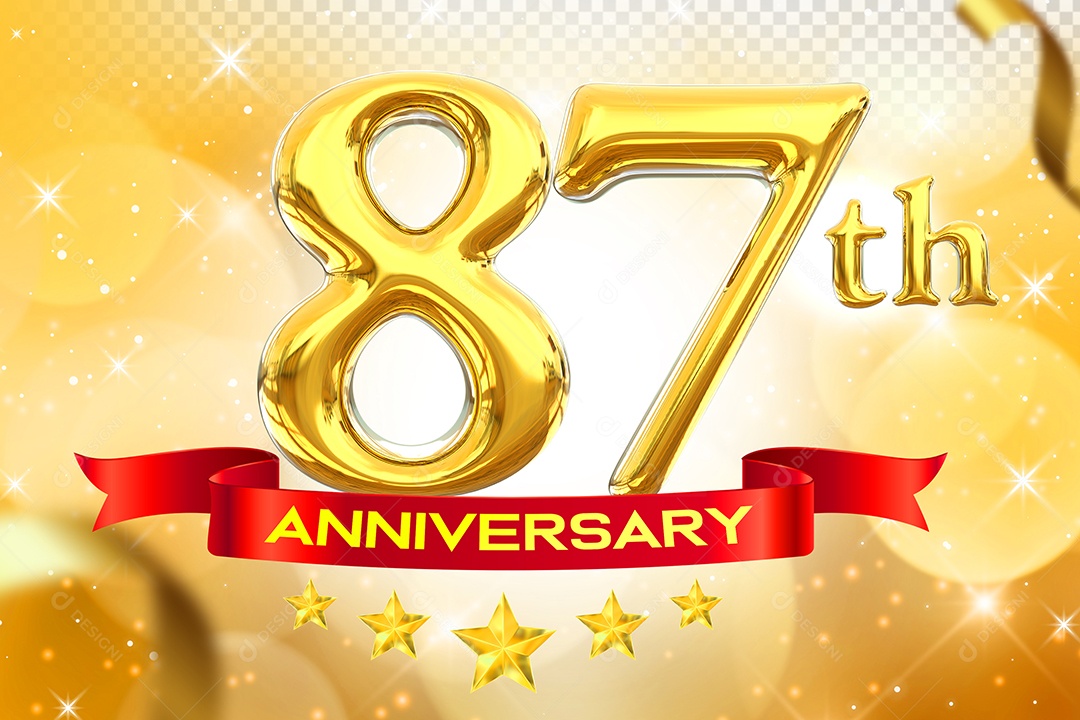 Número 87º Aniversário Elemento 3D Dourado para Composição PSD