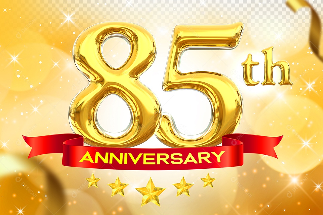Número 85º Aniversário Elemento 3D Dourado para Composição PSD