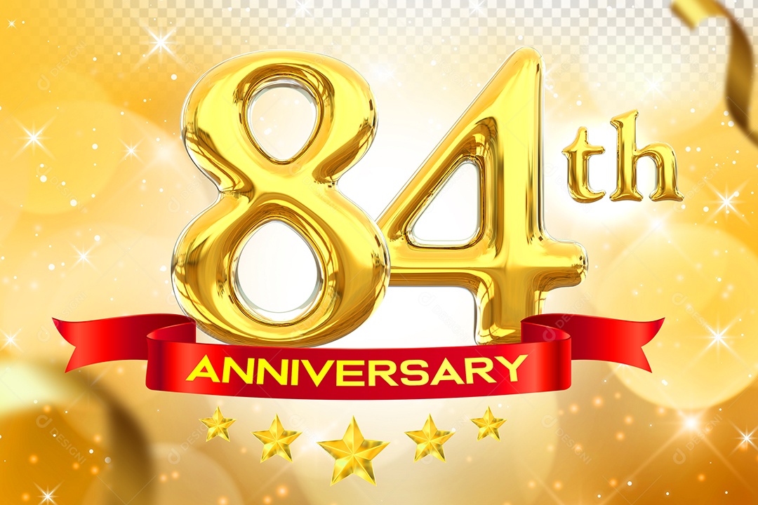 Número 84º Aniversário Elemento 3D Dourado para Composição PSD